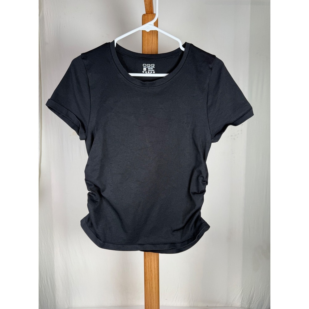 OQQ Womens Ruched Side Short Sleeve Crew Neck T-Shirt Black‎ Size XL